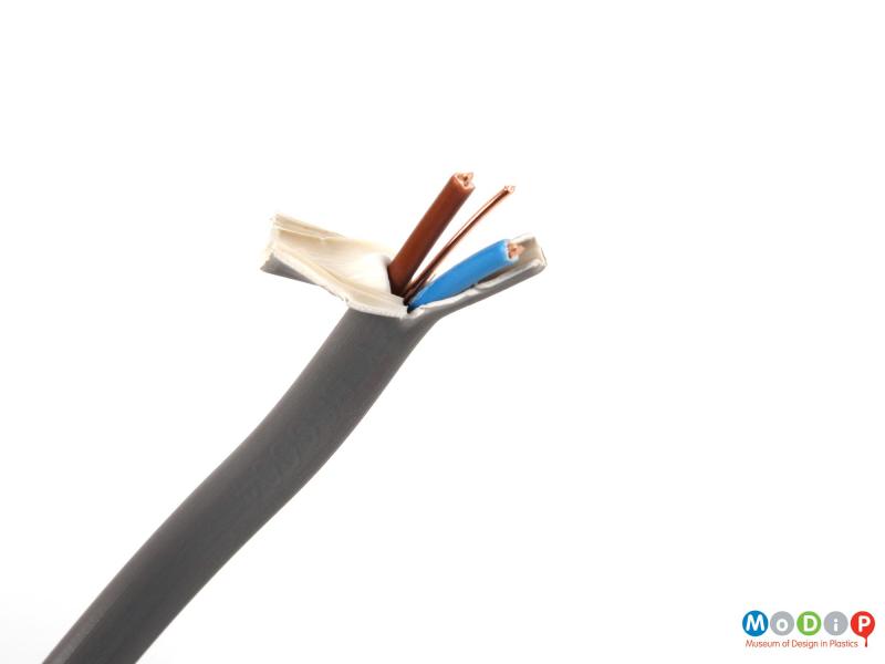 Close view of an electrical cable showing the component wires.