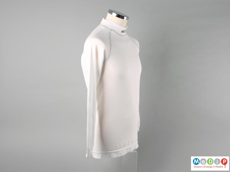 Side view of a shirt showing the raglan sleeves.