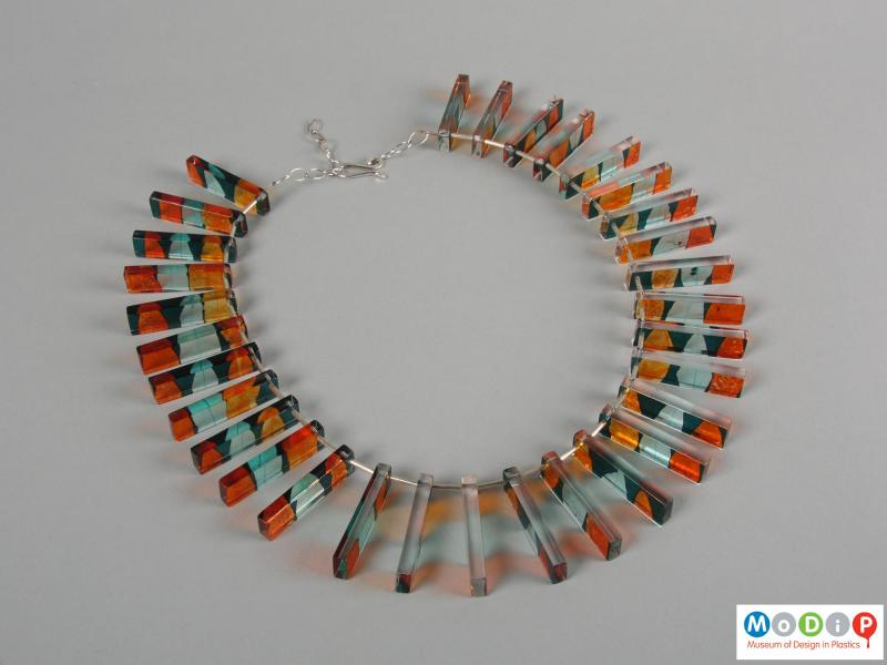 Front view of a necklace showing the rectangular sections.