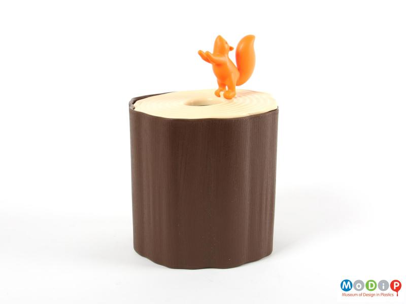 Side view of a tissue holder showing the standing squirrel.