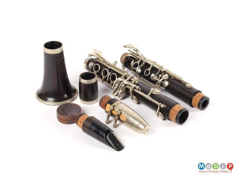 Top view of a clarinet showing the separate parts.