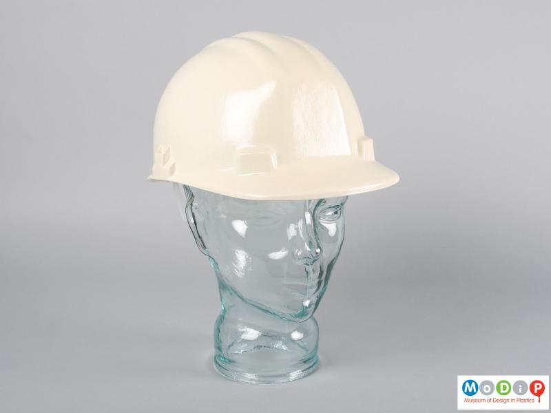 Front view of a safety hat showing the peak.