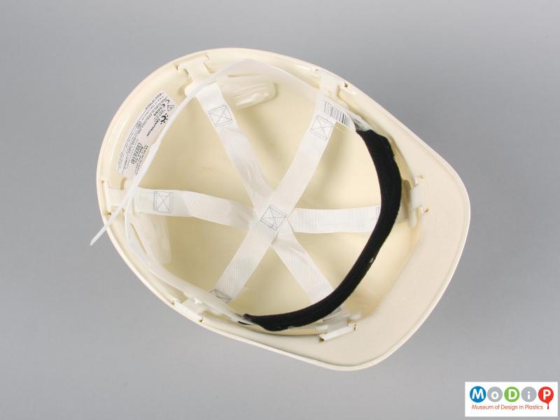 Underside view of a safety hat showing the webbing.