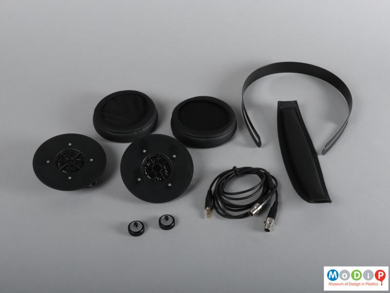 Top view of a headphones showing the various separate parts.