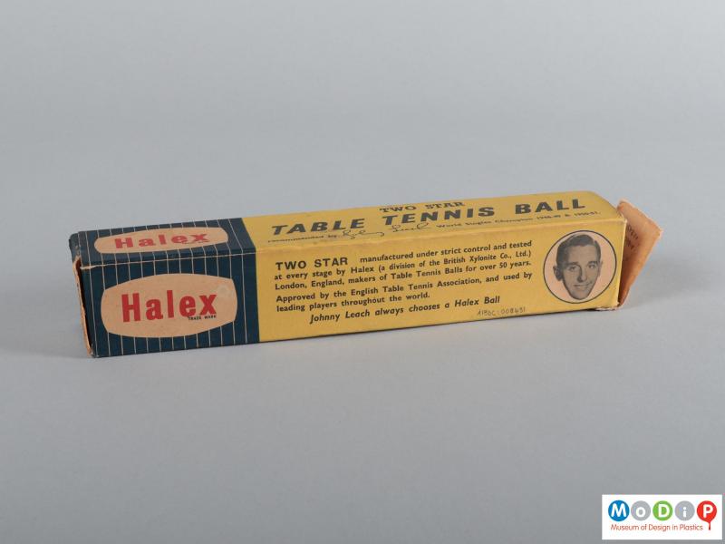 Side view of a box of table tennis balls showing the packaging.
