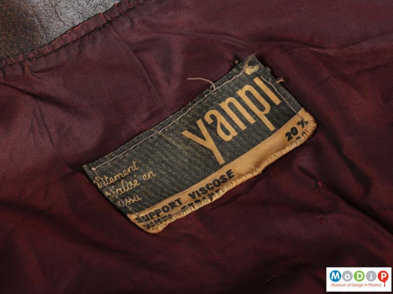 Close view of a jacket showing the label.