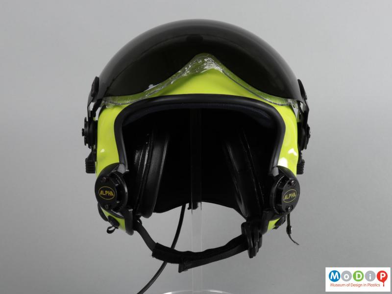 Front view of a helmet showing the ear covers inside.