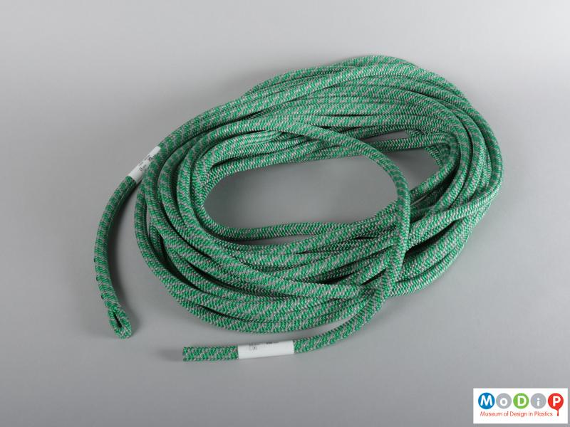 Front view of a tree climbing rope showing it in a coil.