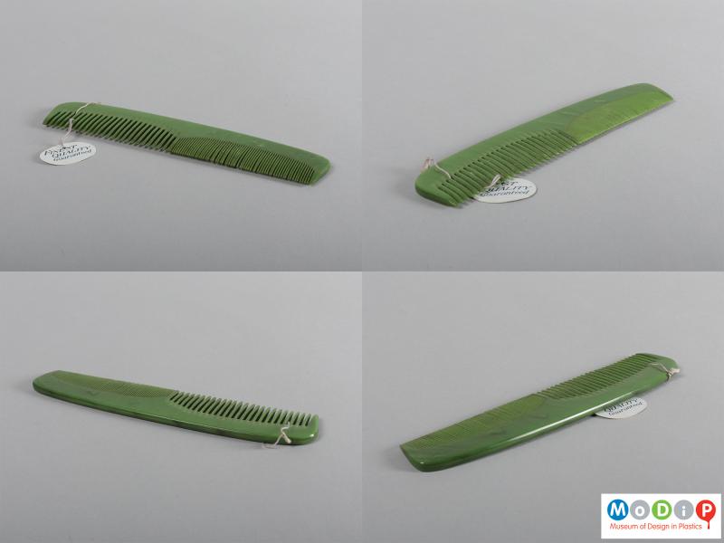 Side view of a grooming set showing four different views of the comb.
