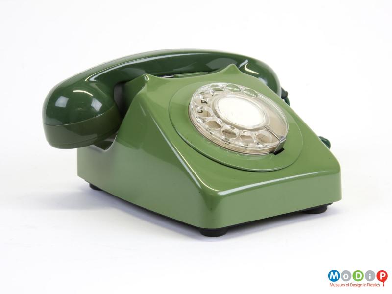 Front view of a telephone showing the dial.