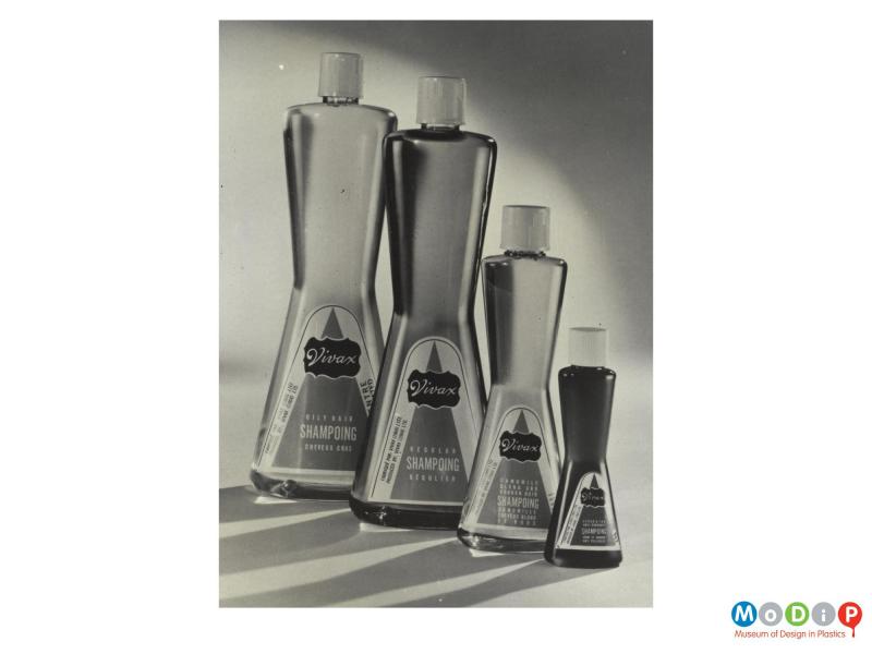 Scanned image showing a range of sizes of shampoo bottles.