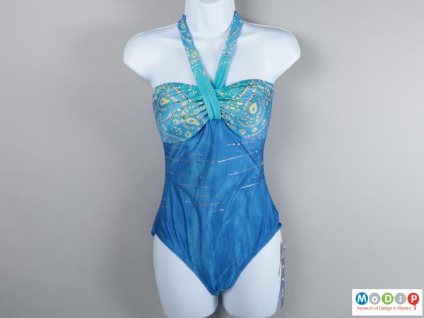Front view of a swimsuit showing the ruched bust section.