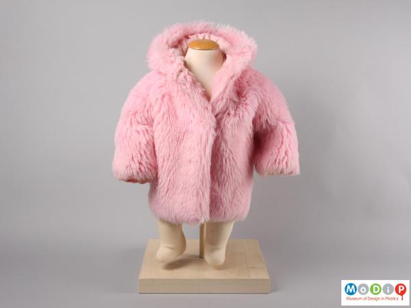 Front view of a pink hooded coat showing the plain front of the coat.