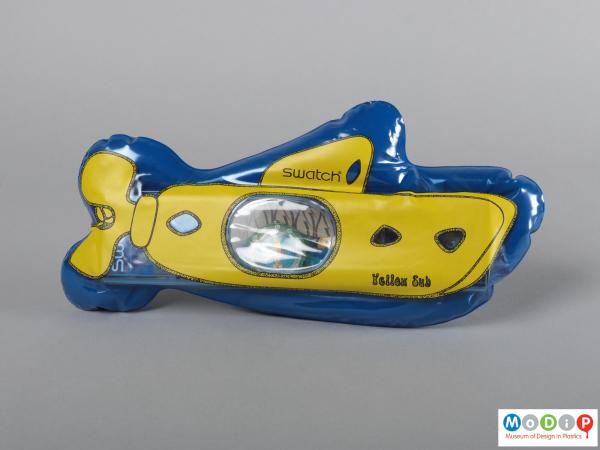 Front view of a watch showing the inflatable submarine.
