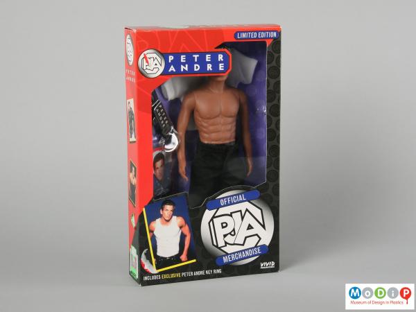 Front view of a Peter Andre doll showing the front of the packaging.