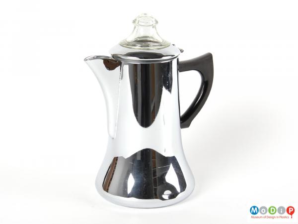 Side view of a Swan brand coffee pot showing the glass top and plastic handle.