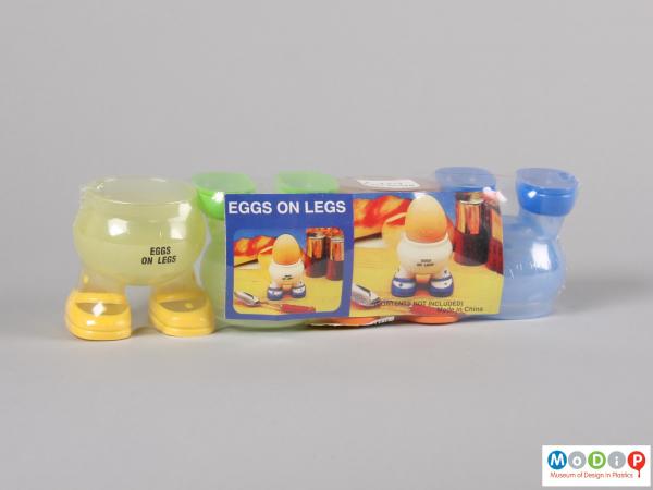 Front view of a set of Eggs on Legs showing the front of the packaging with an illustration of an egg cup in use.