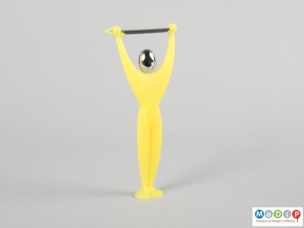 Front view of a vegetable peeler showing the body shape.