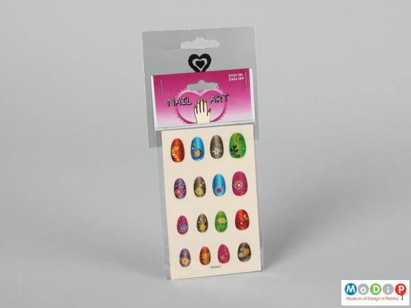 Front view of a packet of nail stickers showing the different sized stickers.