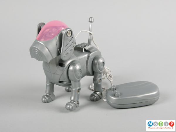 Front view of a toy dog showing the two button controller.