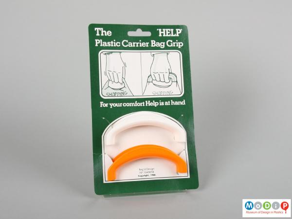 Front view of a pair of carrier bag grips showing the packaging.