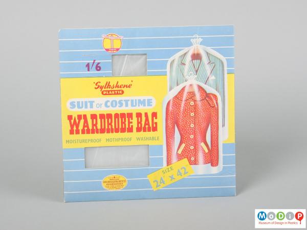Front view of a packet of wardrobe bags showing the illustrated packaging with cut out windows.