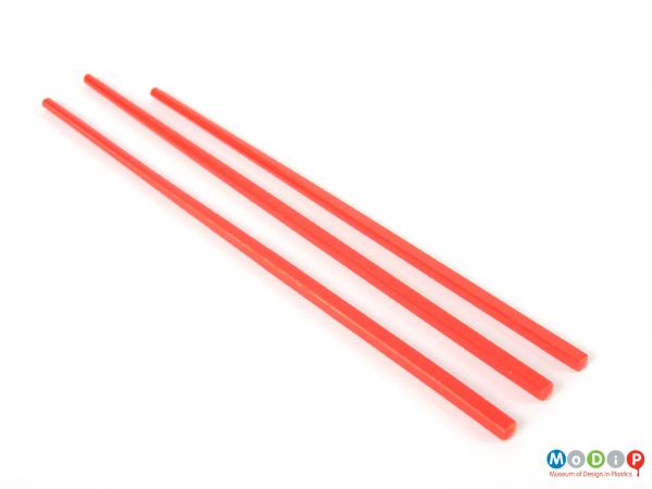Top view of 3 chopsticks showing the taper to the tip.