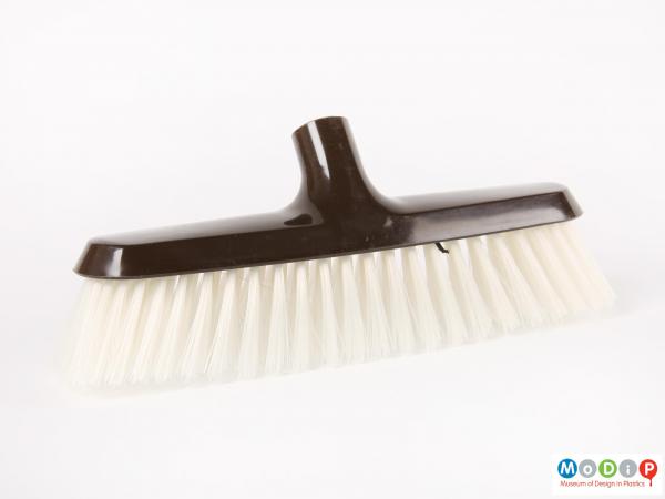 Side view of a broom head showing the smooth body and stiff bristles.