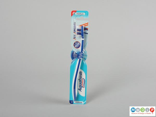 Front view of a toothbrush showing the flexible handle.