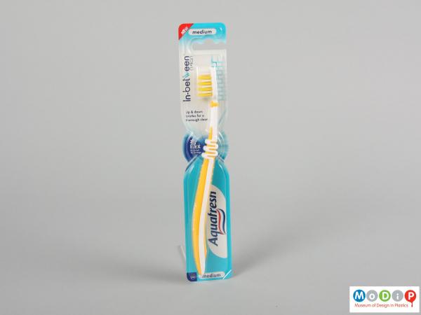 Front view of a toothbrush showing the flexible handle.