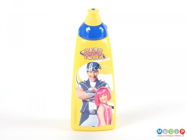 Front view of a Lazy Town bottle showing the adhesive label on the front depicting two characters from the programme.
