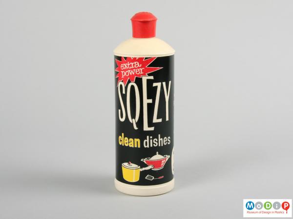 Front view of a Sqezy bottle showing the printed design.