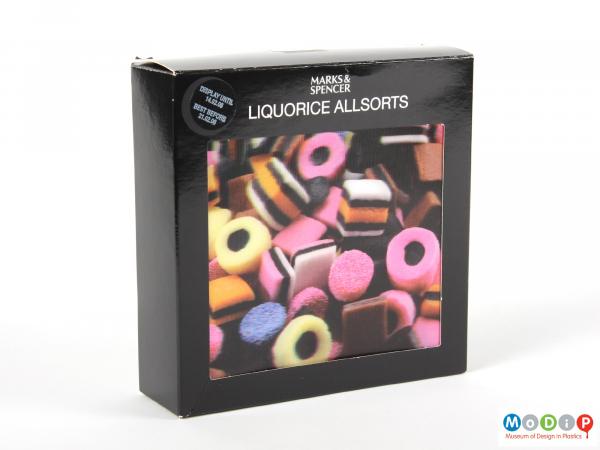 Side view of a Liquorice Allsorts box showing the inset lenticular panel.