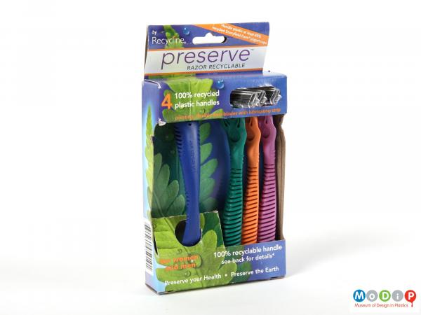 Front view of a pack of disposable razors showing the razors in their original packaging.