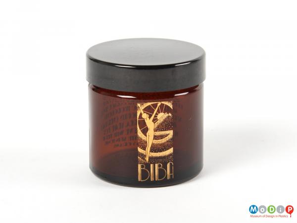 Side view of a Biba jar showing the printed label on the front.