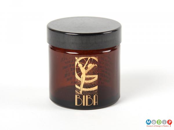 Side view of a Biba jar showing the printed label on the front.