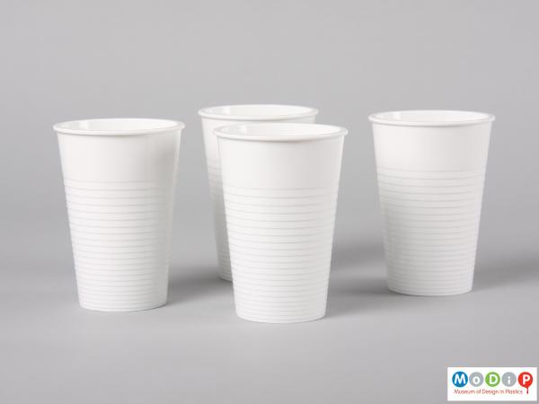 Side view of a set of Water tumblers showing the four beakers standing together.
