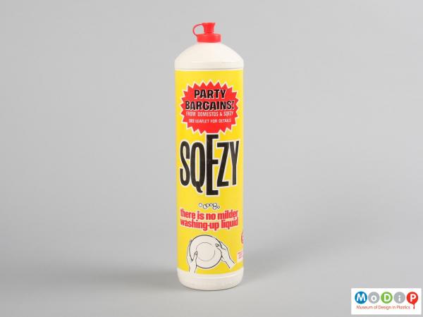 Front view of a Sqezy bottle showing the printed design.