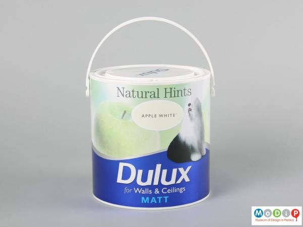 Side view of a paint can showing the printed label.