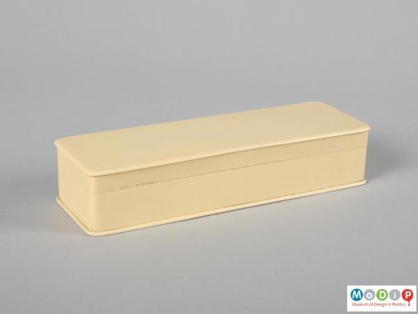 Side view of a box showing the rectangular shape.