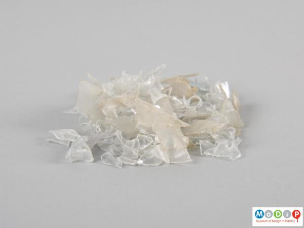 Side view of a sample of material showing the irregular flakes.