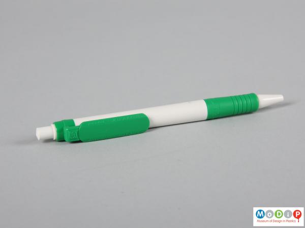 Side view of a pen showing the two colours of material.