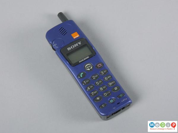 Front view of a mobile phone showing the blue front cover.