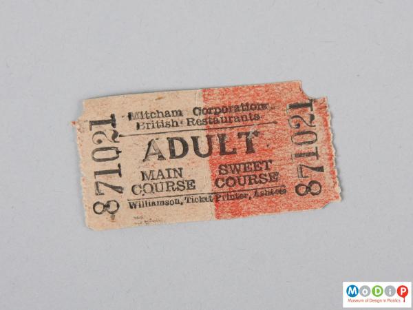 Front view of a ticket showing the printed detail.