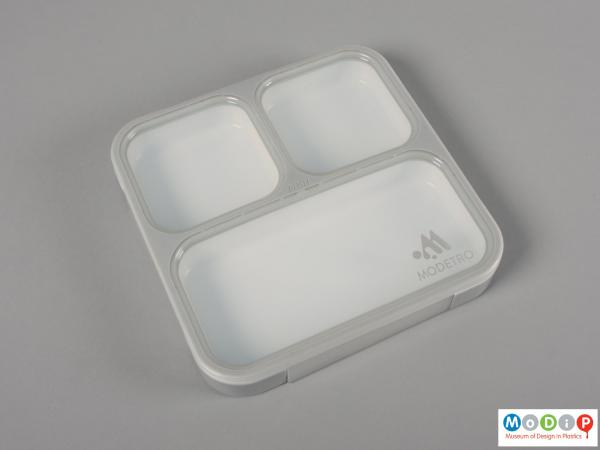 Top view of a lunch box showing the three compartments.