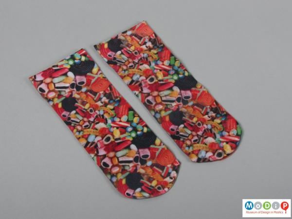 Front view of a pair of socks showing the printed pattern.