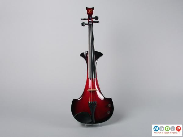 Front view of a violin showing the narrow shaped body.