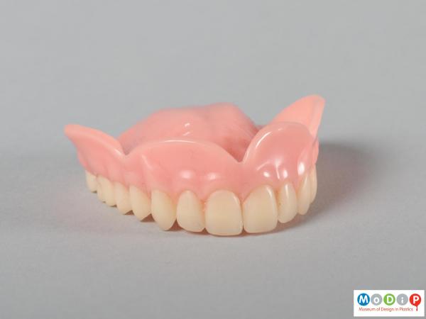 Front view of a upper denture showing the pink gum.