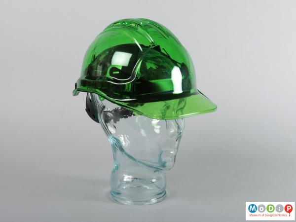Front view of a hard hat showing the peak.
