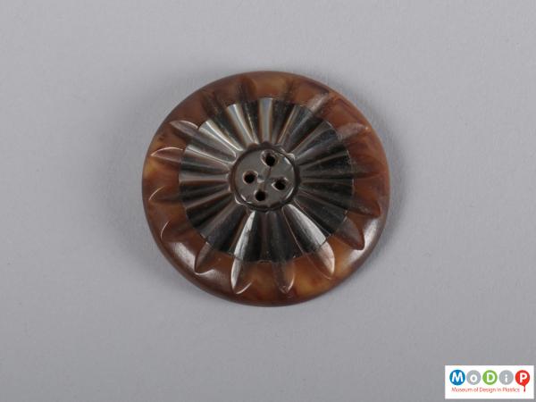 Front view of a button showing the circular shape and petal like design.